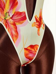 Women's Sexy Floral Print Deep V-Neck Halter Backless Bodysuit, Summer Vacation - Yellow - View 9