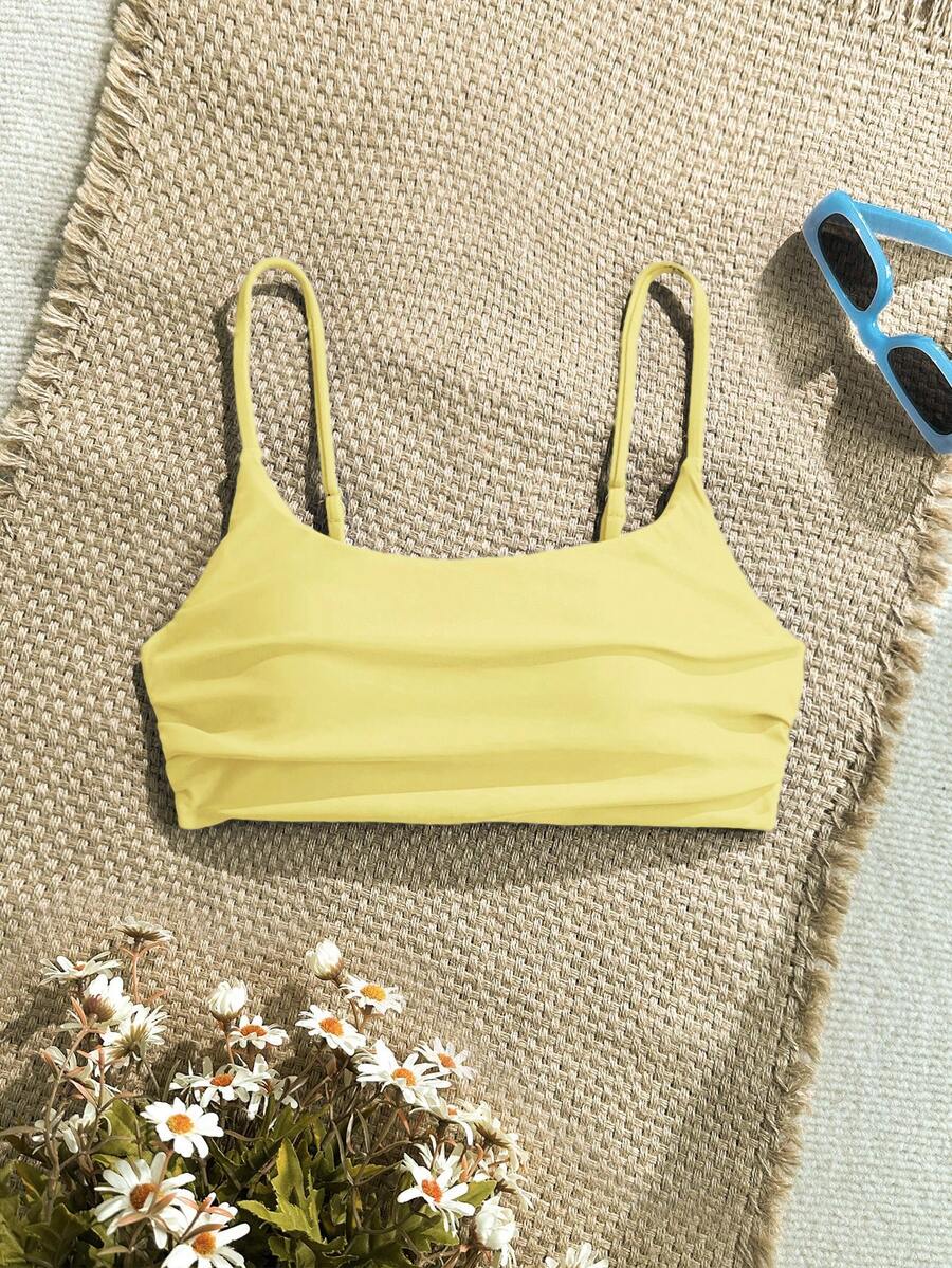 SHEIN Swim 女款淡黃色細肩帶比基尼上衣，適合夏季海灘度假，保守素色設計