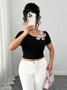 Elenzga Áo thun ngắn tay nữ cỡ lớn phối màu, kiểu dáng thường ngày, đa năng, thích hợp mặc hàng ngày. - Đen và trắng - Xem 4