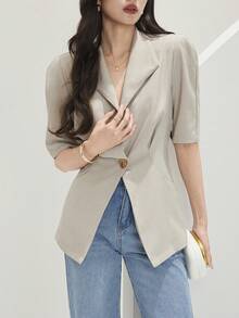 xheHeiryn Blazer casual delgado de unicolor de manga corta con un solo botón para mujerxhe - Caqui - Ver 4
