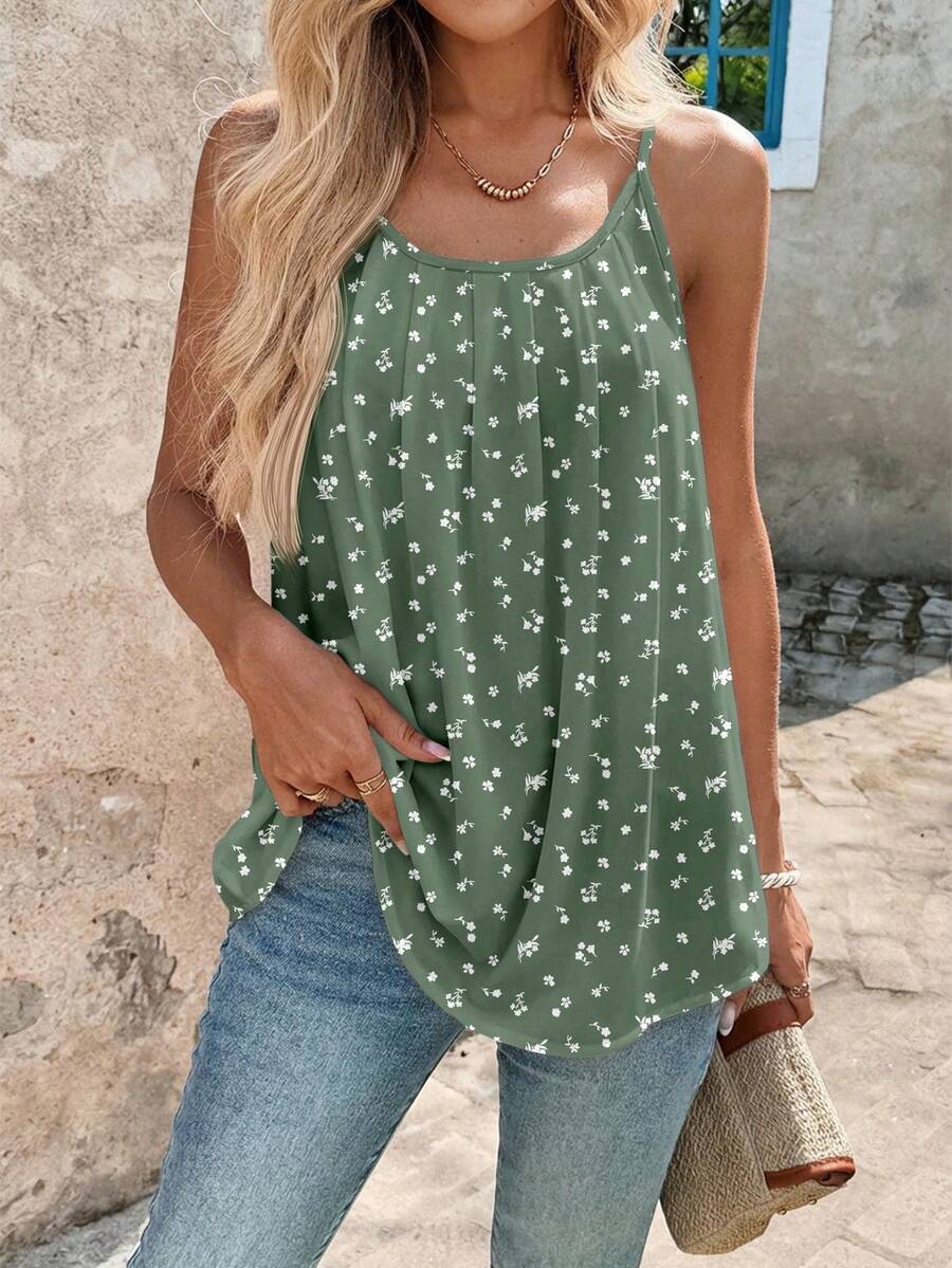 SHEIN Clasi 休闲简约度假波西米亚风优雅浪漫复古绿色碎花印花图案，适合音乐节、海滩装扮、度假装扮、女士夏季上衣 - 彩色 - 查看 1