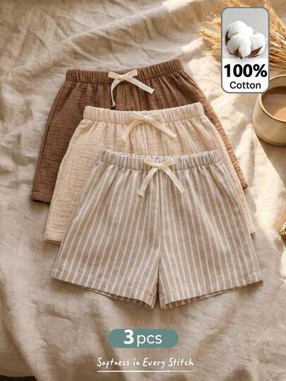 Cozy Pixies Set de 3 pantalones cortos con cintura elástica y cinta decorativa para niño, versátil y cómodo