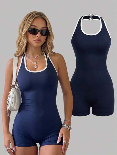 SHEIN Bộ áo liền quần dệt kim màu xanh dương và trắng tương phản dành cho thiếu nữ, kiểu dáng ôm sát, thích hợp cho kỳ nghỉ, tiệc tùng, ngày Valentine, có thể mặc như đồ lót hoặc áo khoác ngoài, phù hợp cho đi làm hàng ngày và các hoạt động thể thao ngoài trời.
