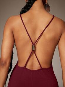 Denimoi Bộ jumpsuit hở lưng ống rộng, jumpsuit gợi cảm, jumpsuit lưng chữ X, thích hợp cho kỳ nghỉ ở Ibiza, mùa hè châu Âu. - Màu Đỏ Sâu - Xem 5