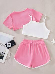 SHEIN 女童夏季休闲字母印花吊带背心和短裤两件套 - 粉色 - 查看 2
