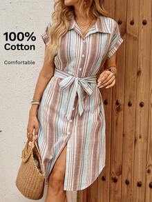 EMERY ROSE Women's Casual Striped Front Button Belted Mid-Length Dress,Summer Dresses For Women - Multicolor - View 8