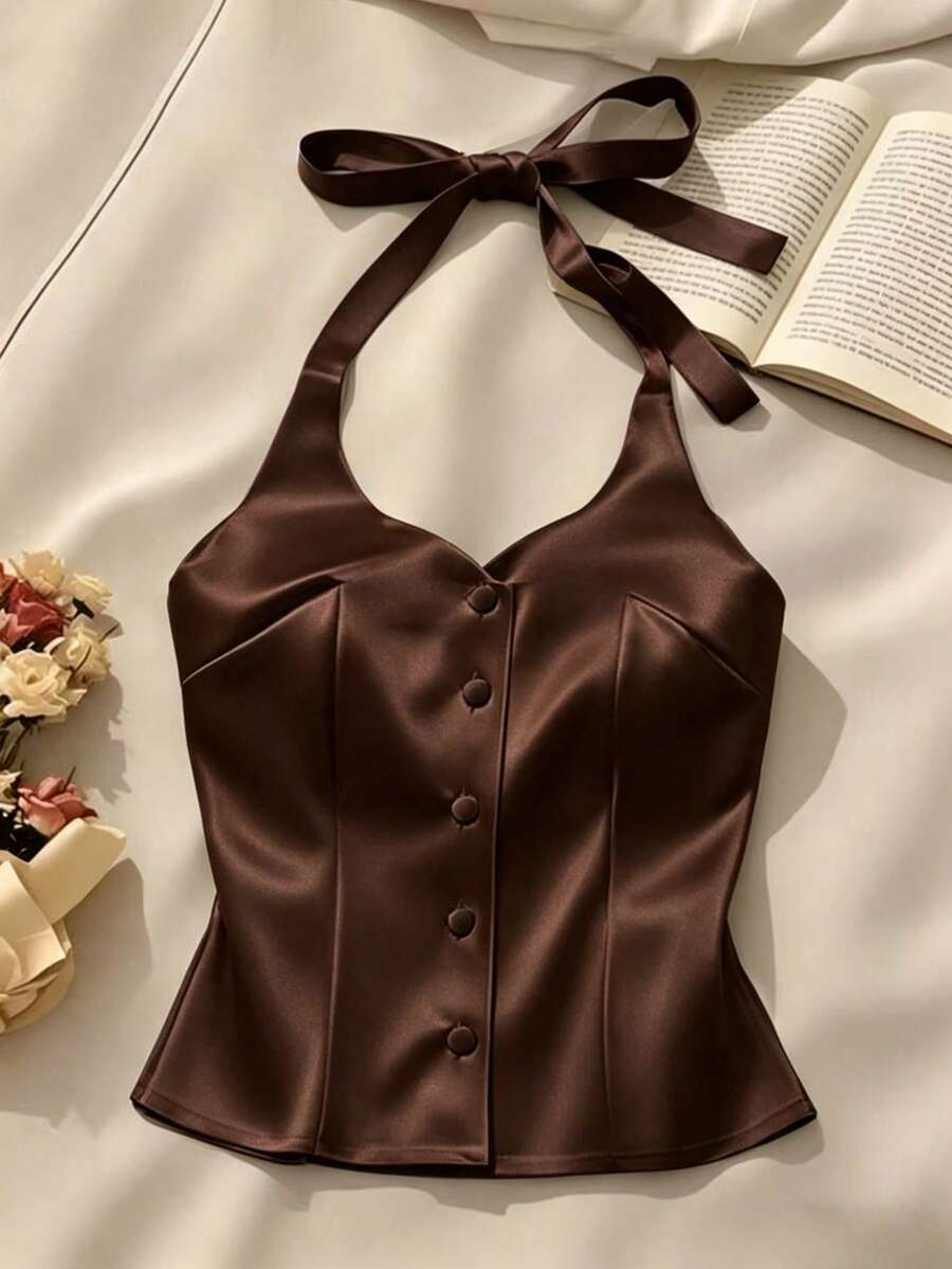 SHEIN LUNE 白色缎面吊带露脐背心/单排扣修身性感吊带衫 - 咖啡棕 - 查看 1