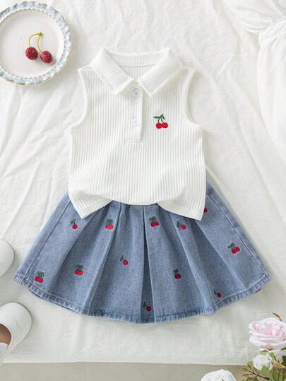 Genkimix Kids Bộ đồ bé gái 2 món thêu hình quả anh đào ngọt ngào, áo không tay bèo nhún màu đỏ kết hợp với chân váy denim màu xanh nhạt, trang trí thêu hình quả anh đào và nơ 3D, chất vải mềm mại thân thiện với da, thích hợp cho mặc hàng ngày vào mùa hè, đi chơi, dự tiệc, phong cách năng động và tinh nghịch.