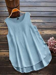 SHEIN LUNE CURVE 大码女式纯色圆领无袖休闲衬衫 - 淺藍色 - 查看 1