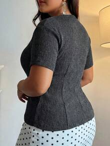 Dazy Plus Plus Size Women's Grey Summer Classy Night Out Club Elegant Front Tie Design Splice Butterfly Decor Square Neck Slim Fit Short Sleeve T-Shirt,Black - Dark Grey - View 4