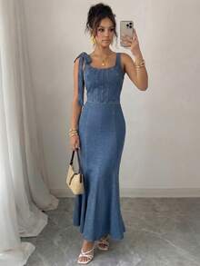 Elenzga Đầm denim không tay ôm dáng, cổ vuông, màu trơn dành cho nữ - Màu xanh lam - Xem 7
