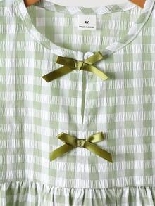 SHEIN Vintaside Kids 女童夏季新款清新花卉格纹两件套，无袖上衣配同色蝴蝶结装饰+阔腿裤，甜美可爱日常穿搭，夏季 - 綠色 - 查看 4