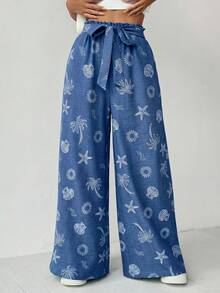 SHEIN Holidaya Women's Starfish Pattern Twist Waist Loose Casual Pants - Blue - View 6
