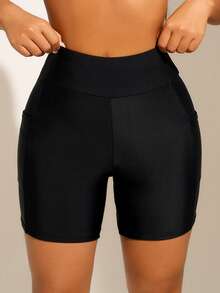 SHEIN Swim Women Summer Beach Simple Solid Daily Shorts Bikini Bottom, 1pc - Black - View 5