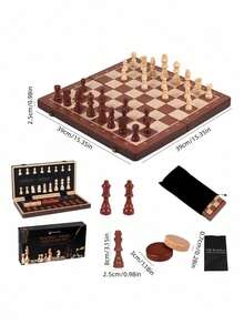 Large Wooden Folding Chess Set Magnetic Pieces Storage Drawer Bonus Queens Portable Strategy Game Travel Friendly Gift For Players - Multicolor - View 10
