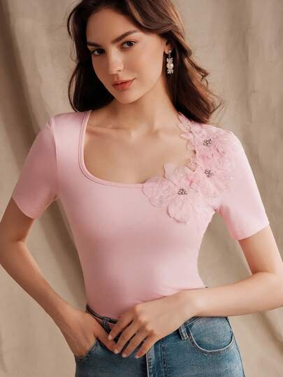 Anewsta New Spring/Summer Fashion Elegant Casual U-Neck Handmade Beaded 3D Floral Decor Stretchy Slim Fit Short Sleeve Women T-Shirt
