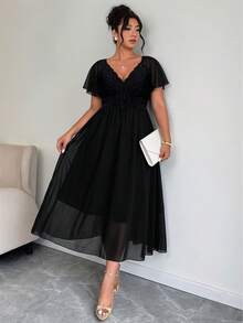 Elenzga Plus Size Shirred Lace Patchwork Backless Chiffon Dress Summer Spring Wedding Guest Party - Black - View 4