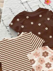 SHEIN 3 chiếc áo thun cổ tròn tay ngắn họa tiết hoa nâu, trắng kem, sọc nâu, thường ngày, phù hợp mặc hàng ngày, ở nhà, đi nghỉ, mặc nhiều lớp, thoải mái, phong cách, thường ngày, quần áo họa tiết hoa, thời trang thu đông, phong cách mới, thoải mái cho bé gái - Nhiều màu - Xem 6