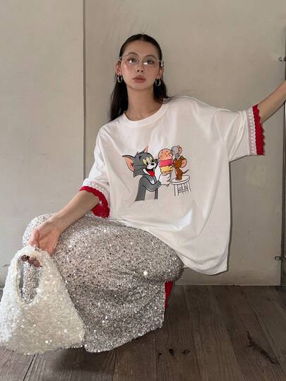 TOM AND JERRY X DAZY Tricou damă cu mânecă scurtă, stil stradă, casual, cu guler rotund și desene animate, blocuri de culori, model patchwork