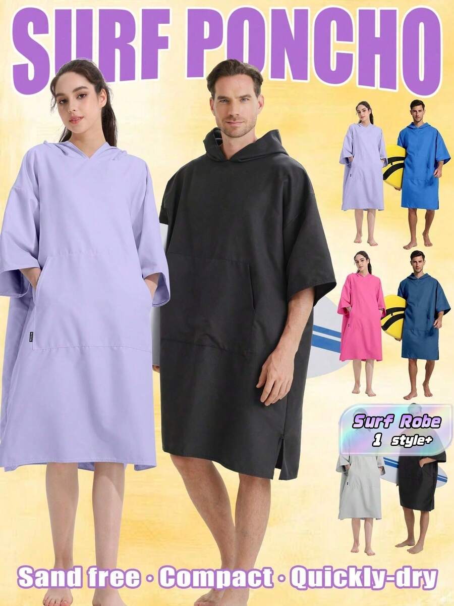 Hooded Surf Changing Robe, Wearable Beach Towel With Quick Dry Fleece, Sandproof Portable Poncho With Pocket For Swimming Pool, Unisex Outdoor Gear - Multicolor - View 1