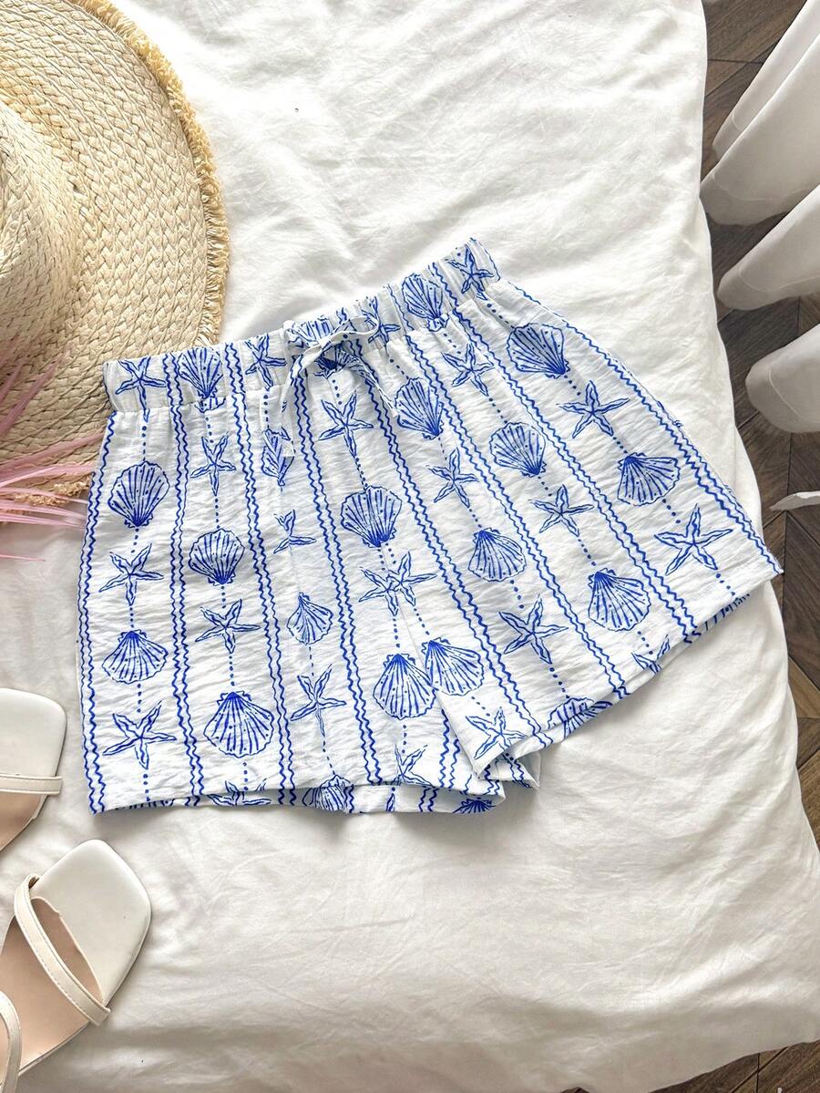 SHEIN Tween Girl Casual Daily Versatile Comfortable Fitted Shell Pattern Beach Vacation Shorts Tween Girl - Blue - View 1