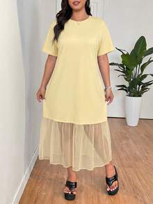 SHEIN EZwear 大码女式纯色圆领短袖宽松网纱连衣裙，春夏款 - 黃色 - 查看 5