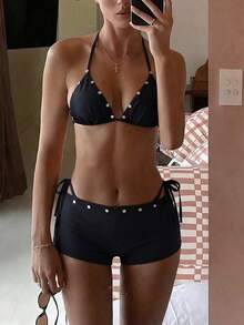 Oceva Women's Rivet Halter Tie Sexy Bikini Swimwear With Swim Shorts 3-Piece Set - Black - View 1