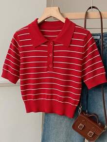 SHEIN EZwear Áo thun nữ tay ngắn cổ polo kẻ sọc, kiểu dáng thường ngày, thích hợp mặc đi làm, mùa hè. - Đỏ - Xem 9