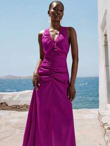 Aveloria Modichic Purple-Red Pleated Textured Fabric V-Neck Sleeveless Fitted Ruched Design Dress, Vacation, Commute, Casual, Elegant, Versatile, Minimalist - Purple - View 1