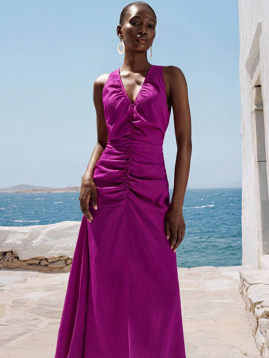Aveloria Modichic Purple-Red Pleated Textured Fabric V-Neck Sleeveless Fitted Ruched Design Dress, Vacation, Commute, Casual, Elegant, Versatile, Minimalist - Purple - View 1