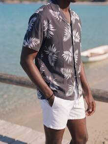 Palasendo Men's Front Button Short Sleeve All-Over Print Casual Top And Shorts Beach Set,Hawaiian - Black and White - View 3