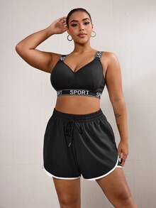 SHEIN Sports 女式加大码拼色系带前口袋休闲运动短裤毛衣短裤 - 黑色 - 查看 7