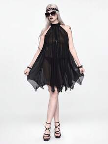 Goth 女士沙滩哥特风蝙蝠形网纱透视无袖连衣裙 - 黑色 - 查看 6