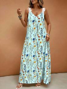 EMERY ROSE Vestido de línea A con estampado floral, volantes en el bajo, elegante y casual para vacaciones y uso diario, tallas grandes, primavera/verano - Celeste - Ver 5