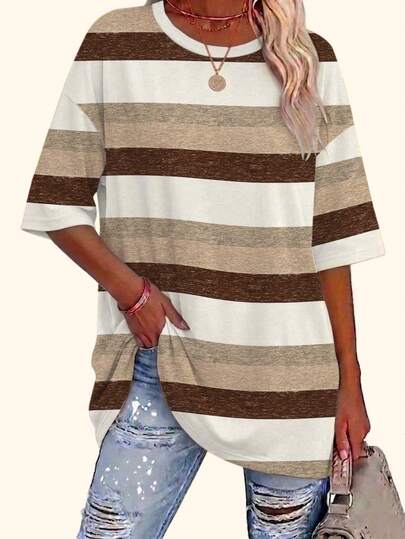 EMERY ROSE Plus Size Women's Colorful Patchwork Print T-Shirt, Casual Blouse, Women's Summer Blouse In Bohemian Style, Brown Summer Blouse Suitable For Women, Women's Casual Blouse.
