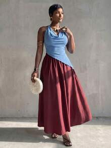 BamGlimmer Women's Solid Color Pleated Casual Versatile Date Outing Skirt - Brown - View 5