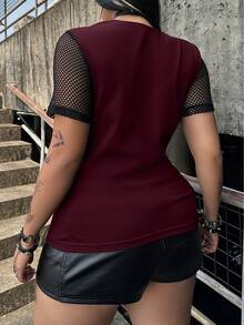 Flirla Plus Size Punk Eyelet Patchwork Short Sleeve T-Shirt, Spring/Summer Club Black Traditional - Burgundy - View 2