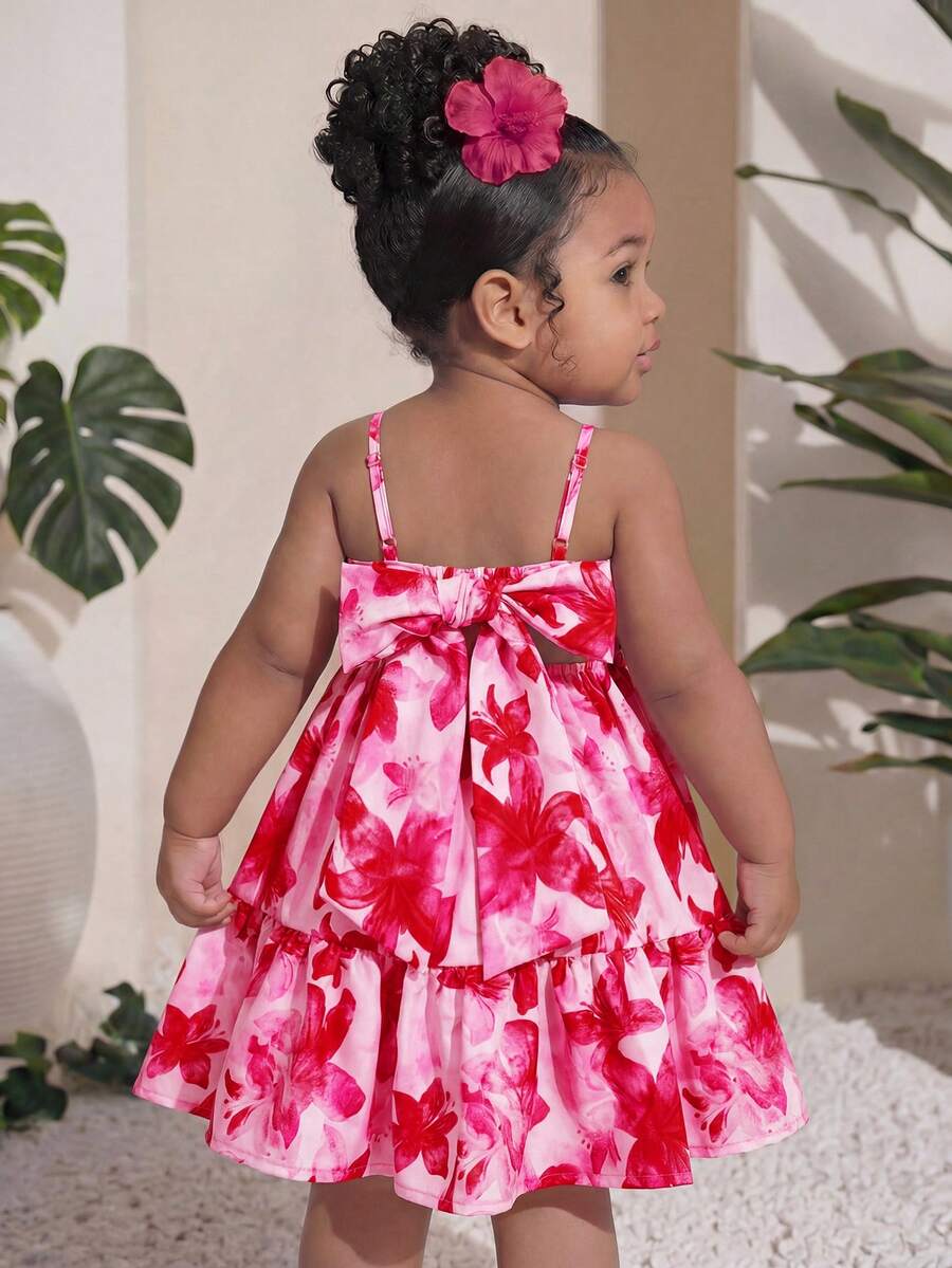 SHEIN Baby Girl Floral Print Sleeveless Dress With Ruffle Hem, Suitable For Summer Vacation - Pink - View 1