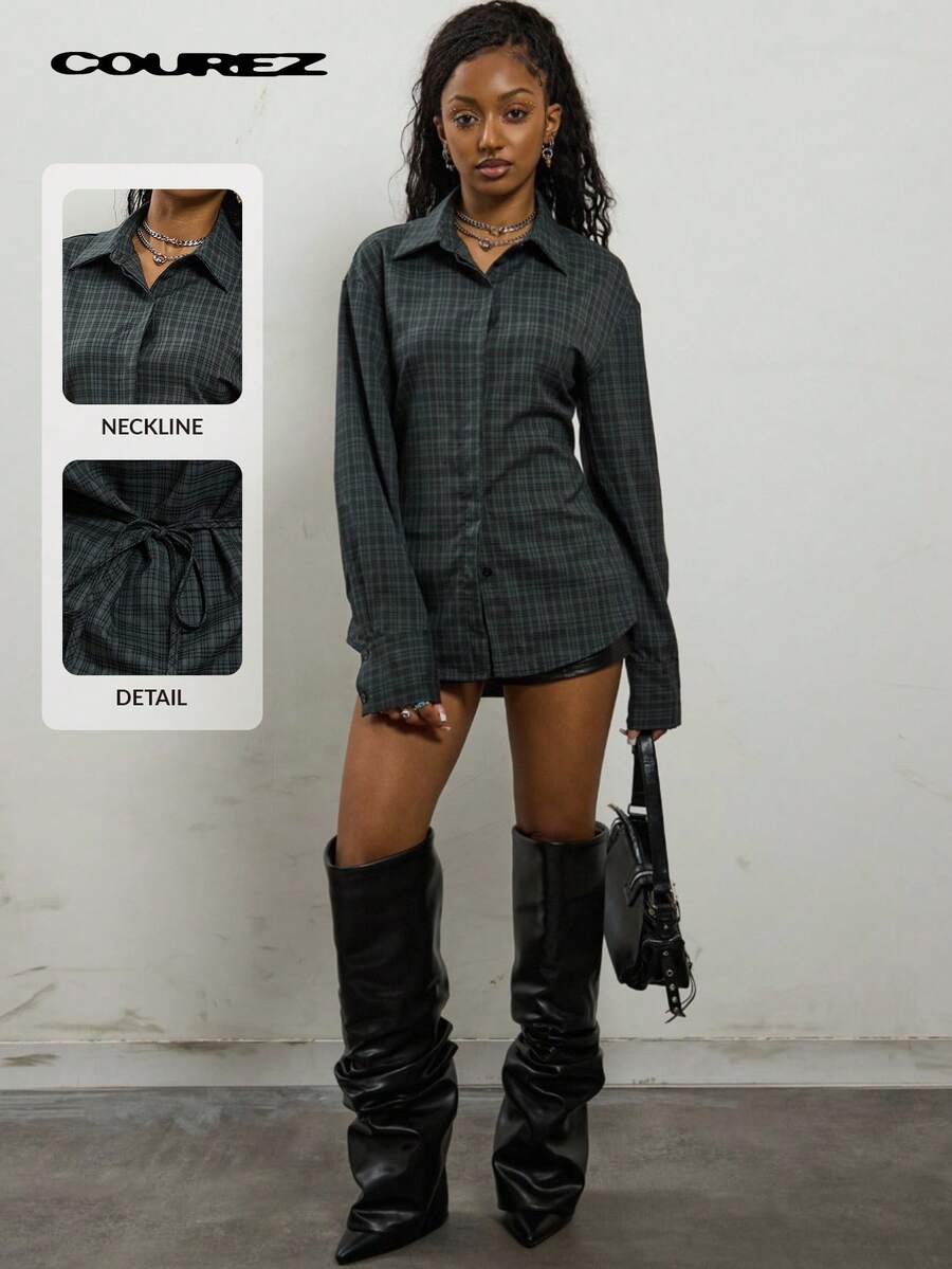 COUREZ Long Sleeve Cinched Shirt In Grid Check /Y2K Summer Clothes For Women Summer Outfits For Women Festival Outfits Concert Outfits Spring Outfits For Women - Multicolor - View 1