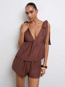 Maija Women's Holiday Casual Shades Of Brown Tie Strap Sleeveless Top And Shorts 2-Piece Set Summer Outfits Occasion Vacation - Brown - View 6