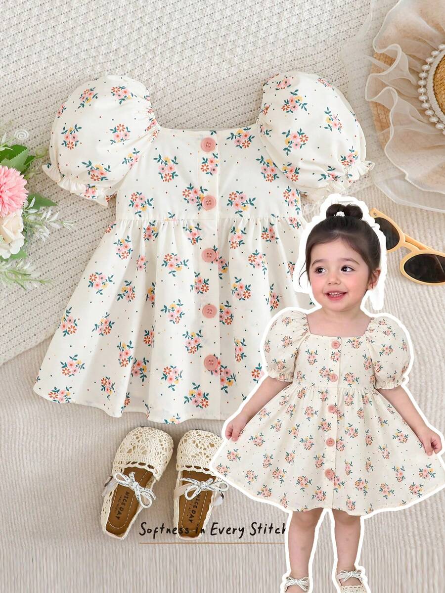 Cozy Pixies 可愛女嬰粉色碎花夏季洋裝，小花瓣袖收腰休閒洋裝，適合生日、日常穿著、度假、家庭穿搭、拍照 - 彩色 - 查看 1