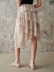 Frievida European And American Style Spring/Summer New Fashionable Versatile Multi-Layer Splicing Solid Color Chiffon Elastic Waist Midi Skirt - Beige - View 2