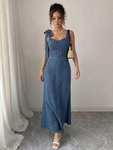 Elenzga Đầm denim không tay ôm dáng, cổ vuông, màu trơn dành cho nữ - Màu xanh lam - Xem 6