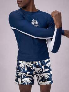 CoralVoy Set de 2 piezas de traje de baño de hombre con estampado de árbol de coco, de manga larga y shorts, estilo hawaiano - Multicolor - Ver 3