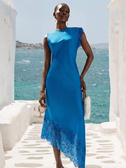 Aveloria Modichic Lake Blue Elegant High-End Satin-Feel Material Round Neck Waist Cinched Asymmetric Sleeve Contrast Lace Design Dress For Women, Sophisticated Romantic Party Cocktail Commute Vacation Sexy Versatile