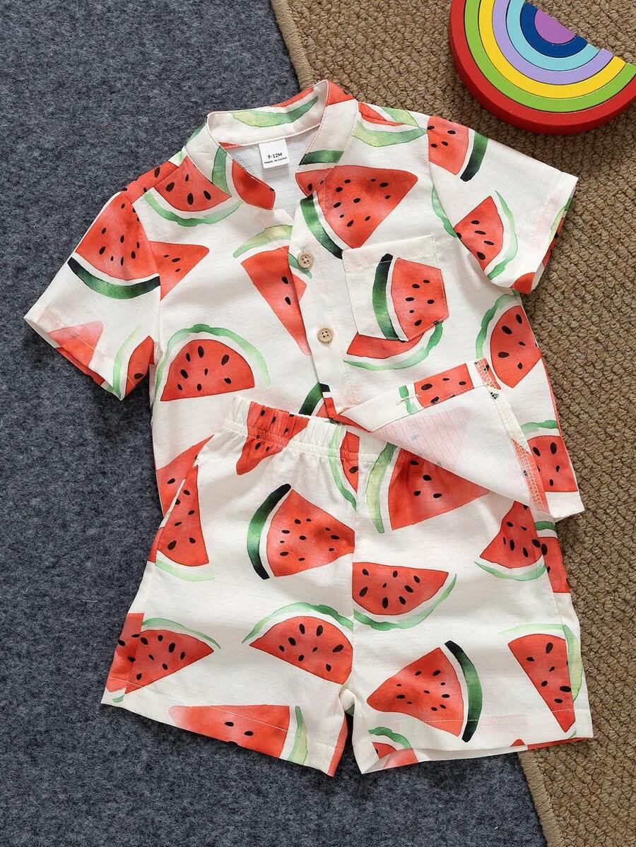SHEIN Playful Pals 2件/組 嬰幼兒西瓜印花短袖上衣與短褲套裝 可愛白色與紅色男嬰夏季海灘度假服飾套裝