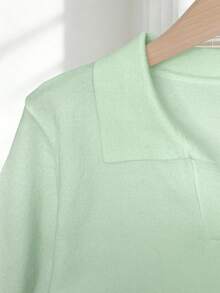 Franclia Women's Spring/Summer White Simple Casual Turndown Collar Raglan Short Sleeve Solid Color Fitted Knit Top, Plus Size - Mint Green - View 4