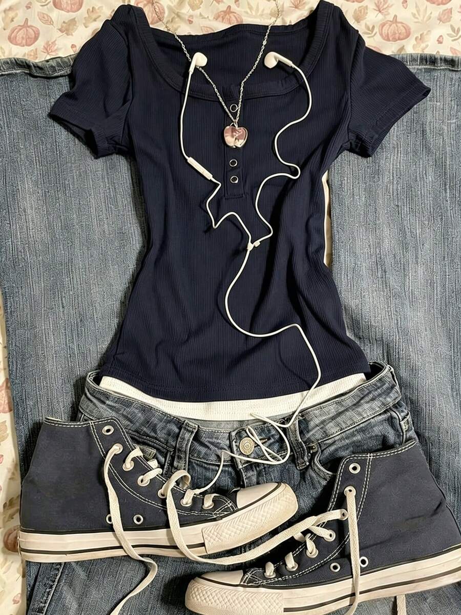 INAWLY Women's Half-Collar Patchwork Short Sleeve T-Shirt - Navy Blue - View 1