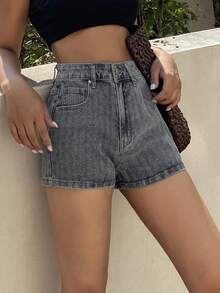 DAZY 女士夏季休闲刺绣细节斜插口袋牛仔短裤 - 藍色 - 查看 4