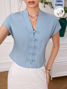 EastFlair Women's Solid Color V-Neck Button Elegant Short Sleeve Blouse, Summer - Blue - View 2